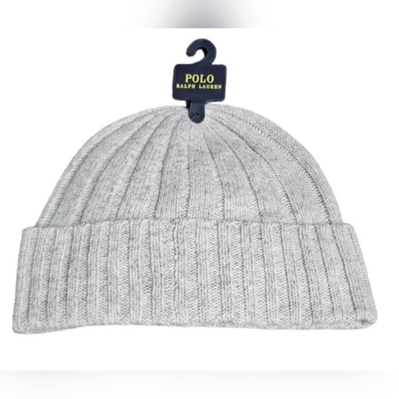 Polo Ralph Lauren Men's Gray Wool Blend Ribbed Cuff Knit Beanie Hat Black Pony - Picture 2 of 2